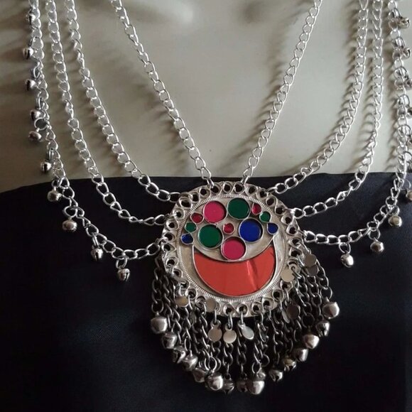 Ethnic Multilayers Bib Necklace, Tribal Silver Bib Necklace, Kuchi Boho Jewelry - Picture 4 of 6